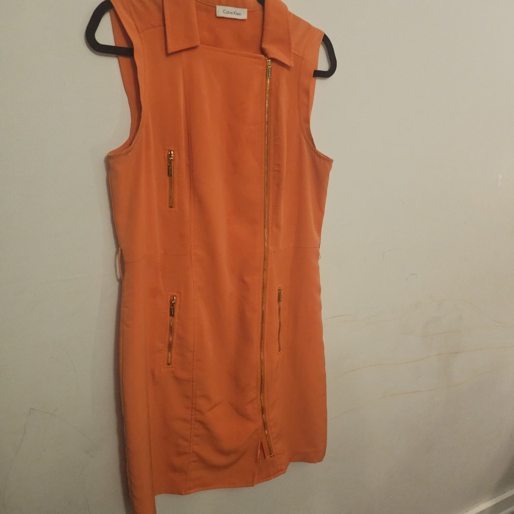 Calvin Klein Women's Full ZipOrange Dress Gold Zipper Sleeveless Resort Business